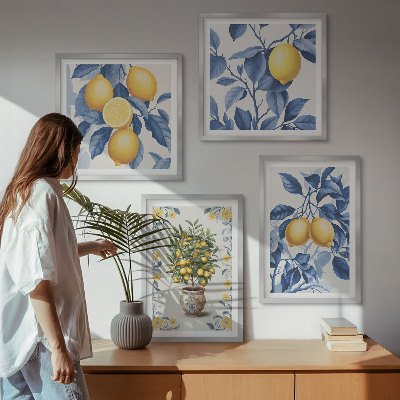 Tavelvägg ovanför soffa Citrongrenar blå blad