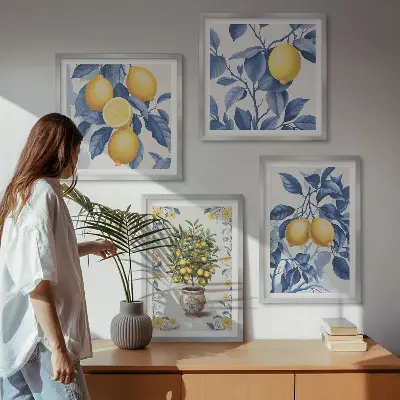 Citrongrenar med blå blad tavelvägg för placering ovanför soffa