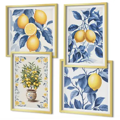 Citrongrenar med blå blad tavelvägg för placering ovanför soffa