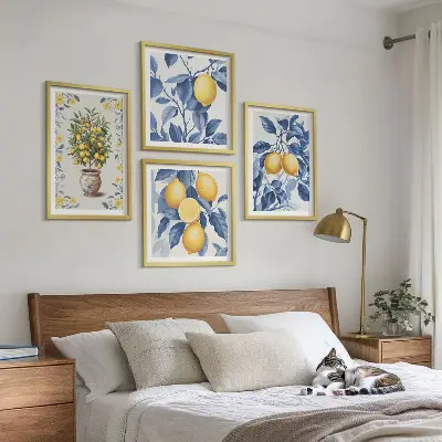 Citrongrenar med blå blad tavelvägg för placering ovanför soffa