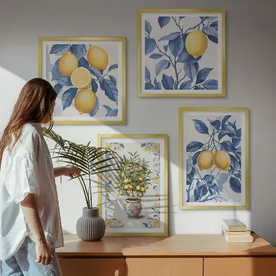 Citrongrenar med blå blad tavelvägg för placering ovanför soffa
