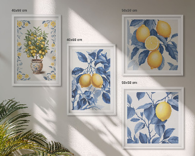 Tavelvägg ovanför soffa Citrongrenar blå blad