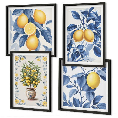 Tavelvägg ovanför soffa Citrongrenar blå blad