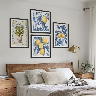Citrongrenar med blå blad tavelvägg för placering ovanför soffa