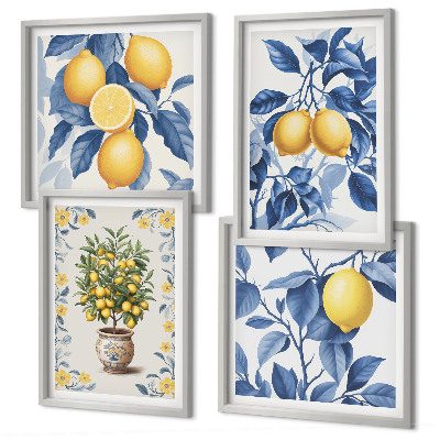 Tavelvägg ovanför soffa Citrongrenar blå blad