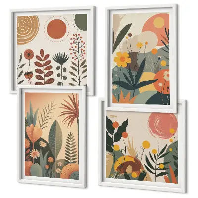 Tavelvägg ovanför soffa boho-motiv med växtmönster i varma färger