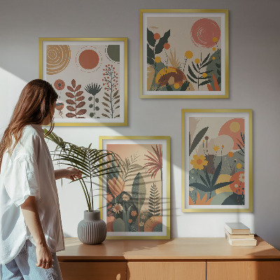 Tavelvägg ovanför soffa Boho växtmönster med varma färger