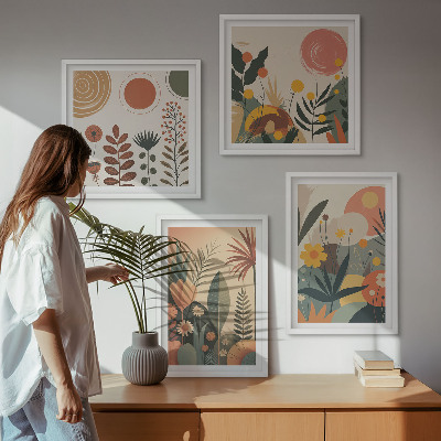 Tavelvägg ovanför soffa Boho växtmönster med varma färger