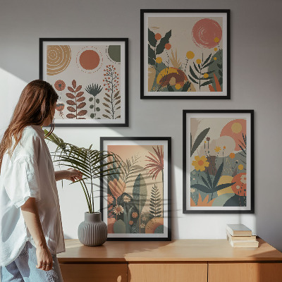 Tavelvägg ovanför soffa Boho växtmönster med varma färger