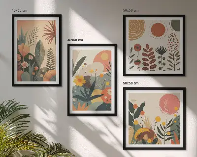 Tavelvägg ovanför soffa boho-motiv med växtmönster i varma färger