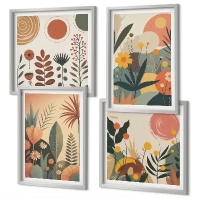 Tavelvägg ovanför soffa boho-motiv med växtmönster i varma färger