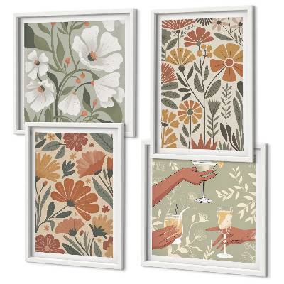 Set om 4 tavlor Blommönster orange grön