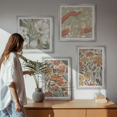 Set om 4 tavlor Blommönster orange grön