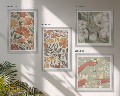 Set om 4 tavlor Blommönster orange grön