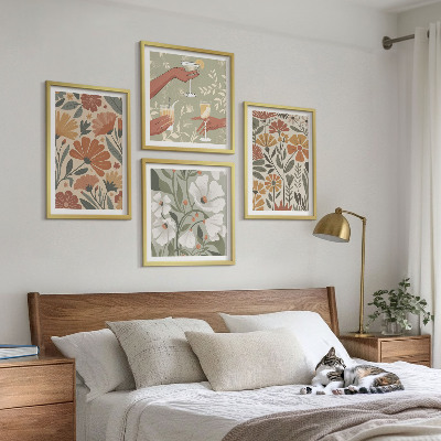 Set om 4 tavlor Blommönster orange grön
