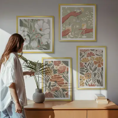 Tavelset med 4 delar blommönster i orange och grönt