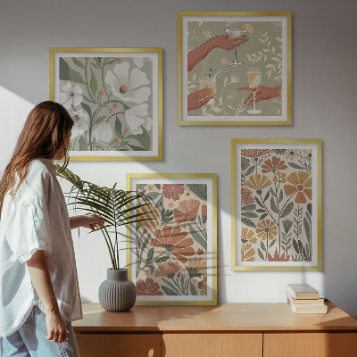 Set om 4 tavlor Blommönster orange grön