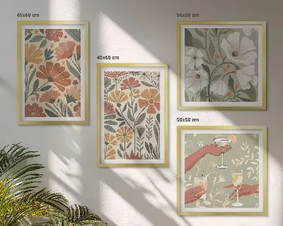 Tavelset med 4 delar blommönster i orange och grönt