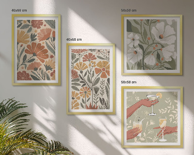 Set om 4 tavlor Blommönster orange grön