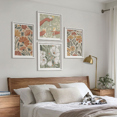 Set om 4 tavlor Blommönster orange grön
