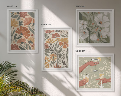 Set om 4 tavlor Blommönster orange grön