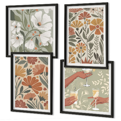 Set om 4 tavlor Blommönster orange grön