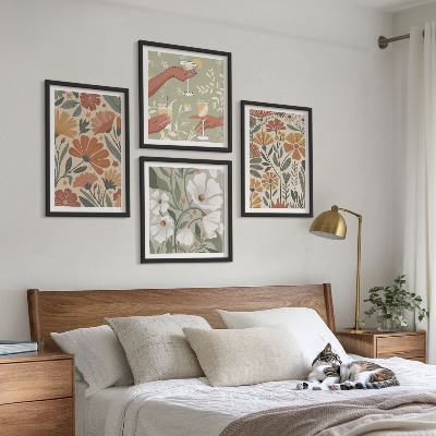 Set om 4 tavlor Blommönster orange grön