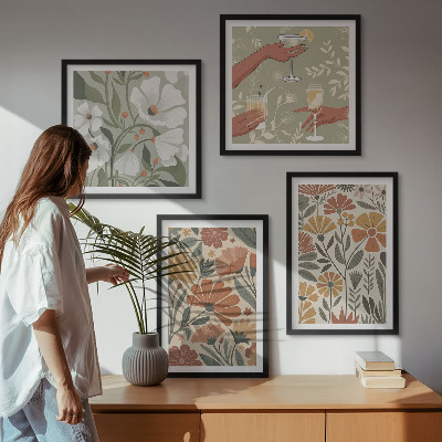 Set om 4 tavlor Blommönster orange grön
