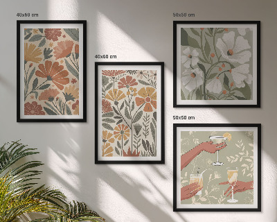 Set om 4 tavlor Blommönster orange grön
