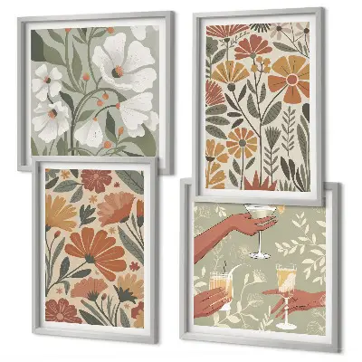 Tavelset med 4 delar blommönster i orange och grönt