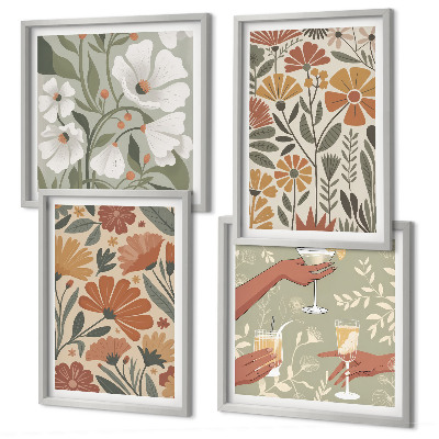 Set om 4 tavlor Blommönster orange grön