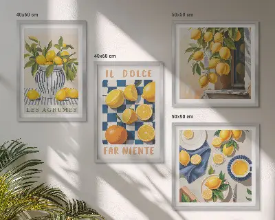 Tavelvägg med retro gula citrusfrukter avsedd att hänga ovanför soffa