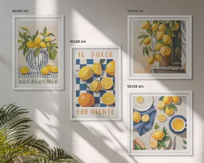 Tavelvägg med retro gula citrusfrukter avsedd att hänga ovanför soffa