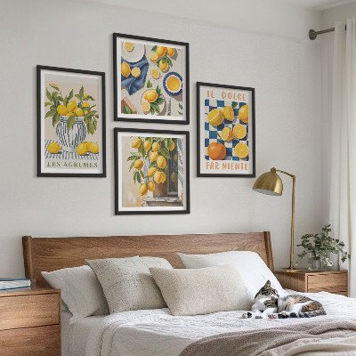 Tavelvägg ovanför soffa Retro gula citrusfrukter