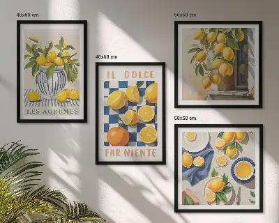 Tavelvägg med retro gula citrusfrukter avsedd att hänga ovanför soffa