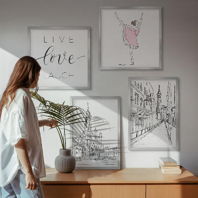 Tavelvägg med 4 tavlor Snygg grafisk ballerinaarkitektur