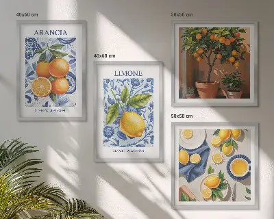 Citrusfrukter illustrationer tavelvägg för placering ovanför soffa
