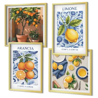 Citrusfrukter illustrationer tavelvägg för placering ovanför soffa