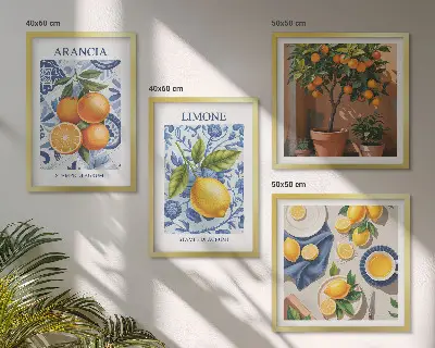 Citrusfrukter illustrationer tavelvägg för placering ovanför soffa
