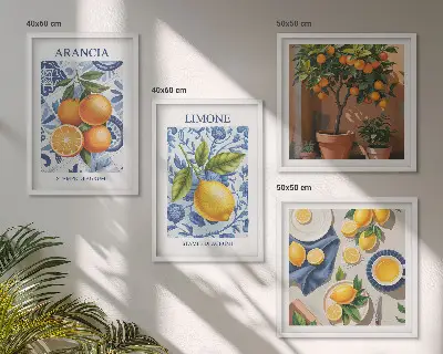 Citrusfrukter illustrationer tavelvägg för placering ovanför soffa