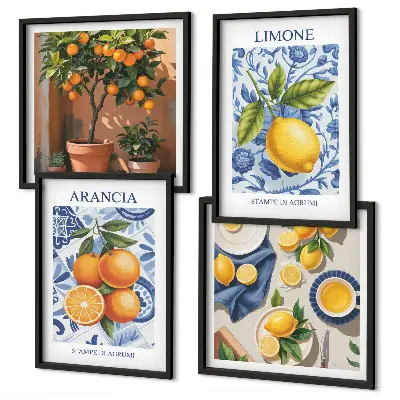 Citrusfrukter illustrationer tavelvägg för placering ovanför soffa