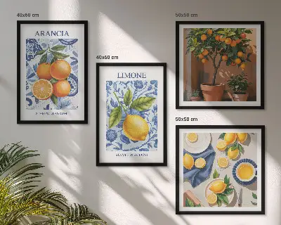 Citrusfrukter illustrationer tavelvägg för placering ovanför soffa