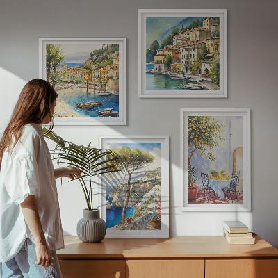 Tavelvägg med 4 tavlor Italienska städer akvarell