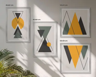 Abstrakta geometriska former tavelvägg ovanför soffan