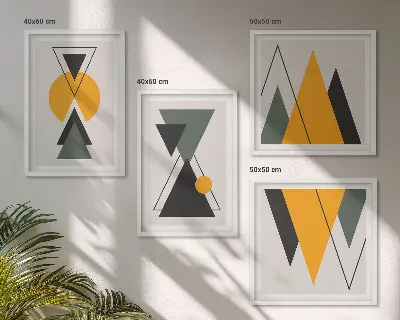 Abstrakta geometriska former tavelvägg ovanför soffan