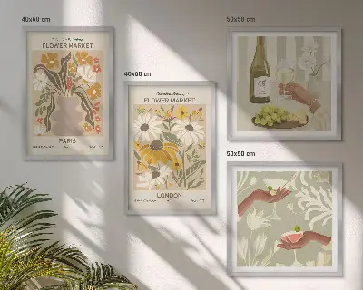 Tavelvägg med 4 tavlor med blommönster från europeiska städer