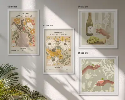 Tavelvägg med 4 tavlor med blommönster från europeiska städer
