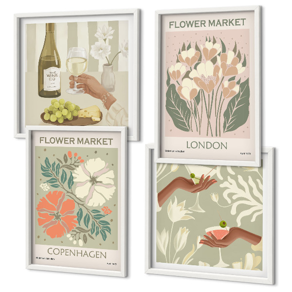Set om 4 tavlor Blommiga posters vinstad