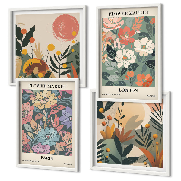 Tavelvägg med 4 tavlor Blommiga posters Paris London