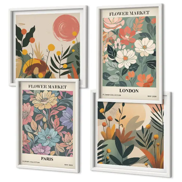 Tavelvägg med 4 blommiga posters motiv från Paris och London